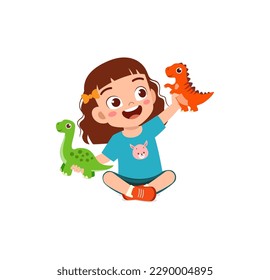 little kid play with dinosaur toy and feel happy