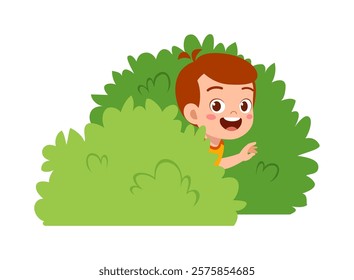 little kid play hide and seek and hiding inside bush