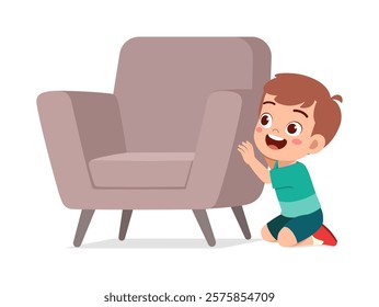 little kid play hide and seek and hiding behind chair