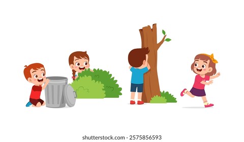 little kid play hide and seek with friend and feel happy