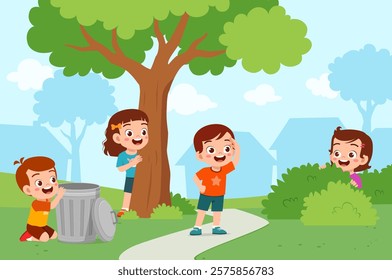 little kid play hide and seek with friend and feel happy