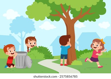 little kid play hide and seek with friend and feel happy