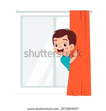 little kid play hide and seek and hiding behind curtain