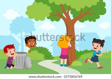 little kid play hide and seek with friend and feel happy