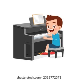 little kid play piano and feeling happy