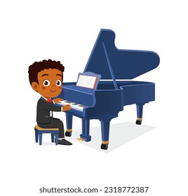 little kid play piano and feeling happy