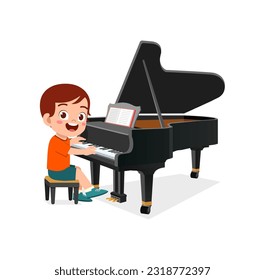 un niño pequeño toca el piano y se siente feliz