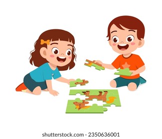 little kid play puzzle with friend and feels happy