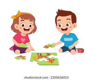 little kid play puzzle with friend and feels happy