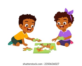 little kid play puzzle with friend and feels happy