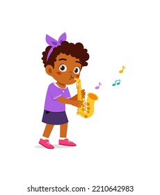 little kid play saxophone and feel happy