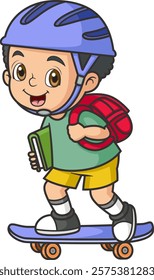 little kid play skateboard and feel happy go to school of illustration