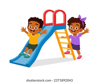 little kid play slide with friend