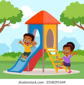 little kid play slide in the park with friend