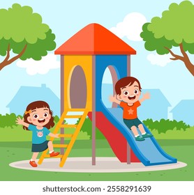 little kid play slide in the park with friend