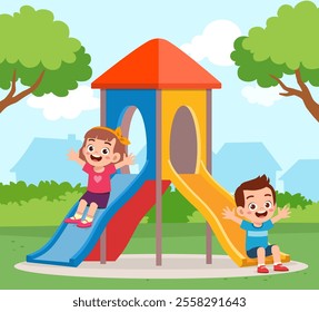 little kid play slide in the park with friend