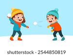 little kid play snow with friend and feel happy