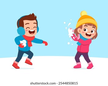 little kid play snow with friend and feel happy