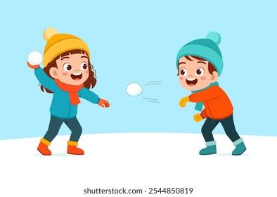 little kid play snow with friend and feel happy