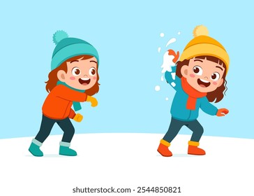 little kid play snow with friend and feel happy