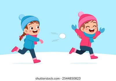 little kid play snow with friend and feel happy