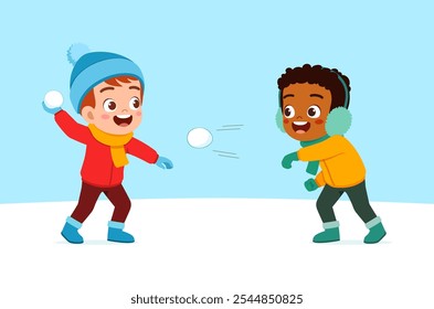 little kid play snow with friend and feel happy