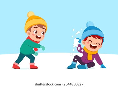 little kid play snow with friend and feel happy