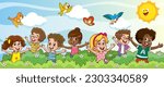 little kid play together with friend and feel happy vector