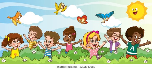 little kid play together with friend and feel happy vector