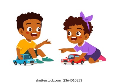 little kid play toy car model with friend