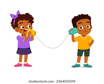 little kid play with traditional telephone with friend