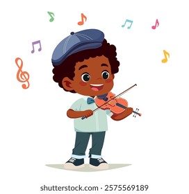 little kid play violin and feel happy