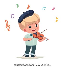  little kid play violin and feel happy