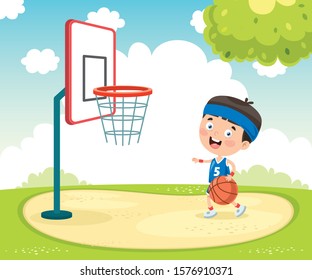 Little Kid Playing Basketball Outside
