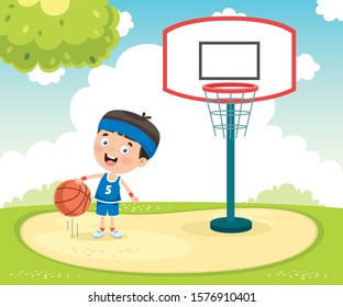 Little Kid Playing Basketball Outside