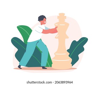 Little Kid Playing Chess, Child Boy Move Huge Figure on Chessboard Enjoying Game Hobby, Logic Activities. Character Take Part in Club Tournament or Learning. Cartoon People Vector Illustration
