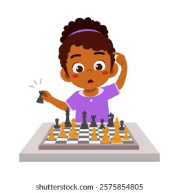 little kid playing chess and thinking hard