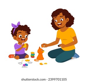 little kid playing clay with mother together