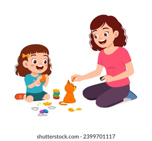 little kid playing clay with mother together