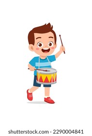 little kid playing one drum and feel happy