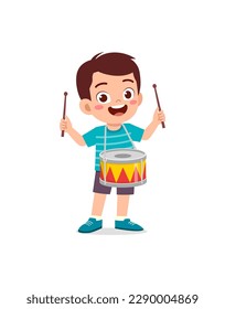 little kid playing one drum and feel happy