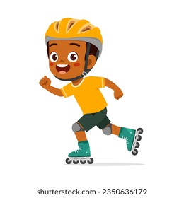 little kid playing roller blade and feel happy