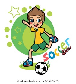 Little kid playing soccer and happy kicking ball