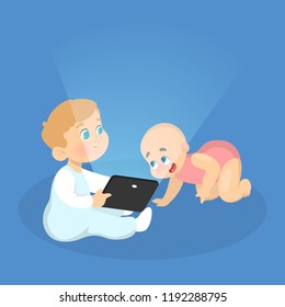 Little kid playing with tablet computer. Baby boy and girl in pink clothes play game on the device. Digital generation. Vector illustration in cartoon style