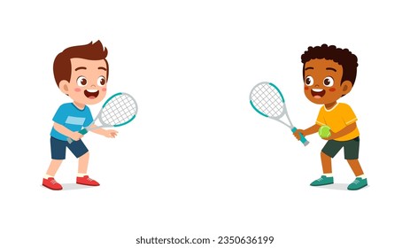 little kid playing tennis with friend and feeling happy