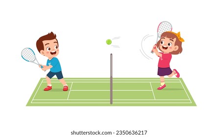 little kid playing tennis with friend and feeling happy