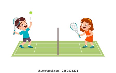 little kid playing tennis with friend and feeling happy