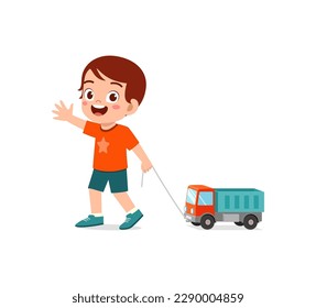 little kid playing a toy truck and feel happy