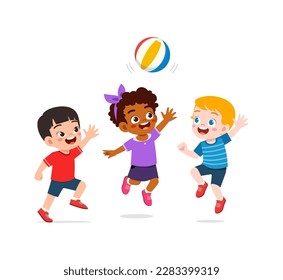 little kid playing volley ball with friend and feel happy