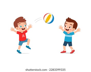 little kid playing volley ball with friend and feel happy